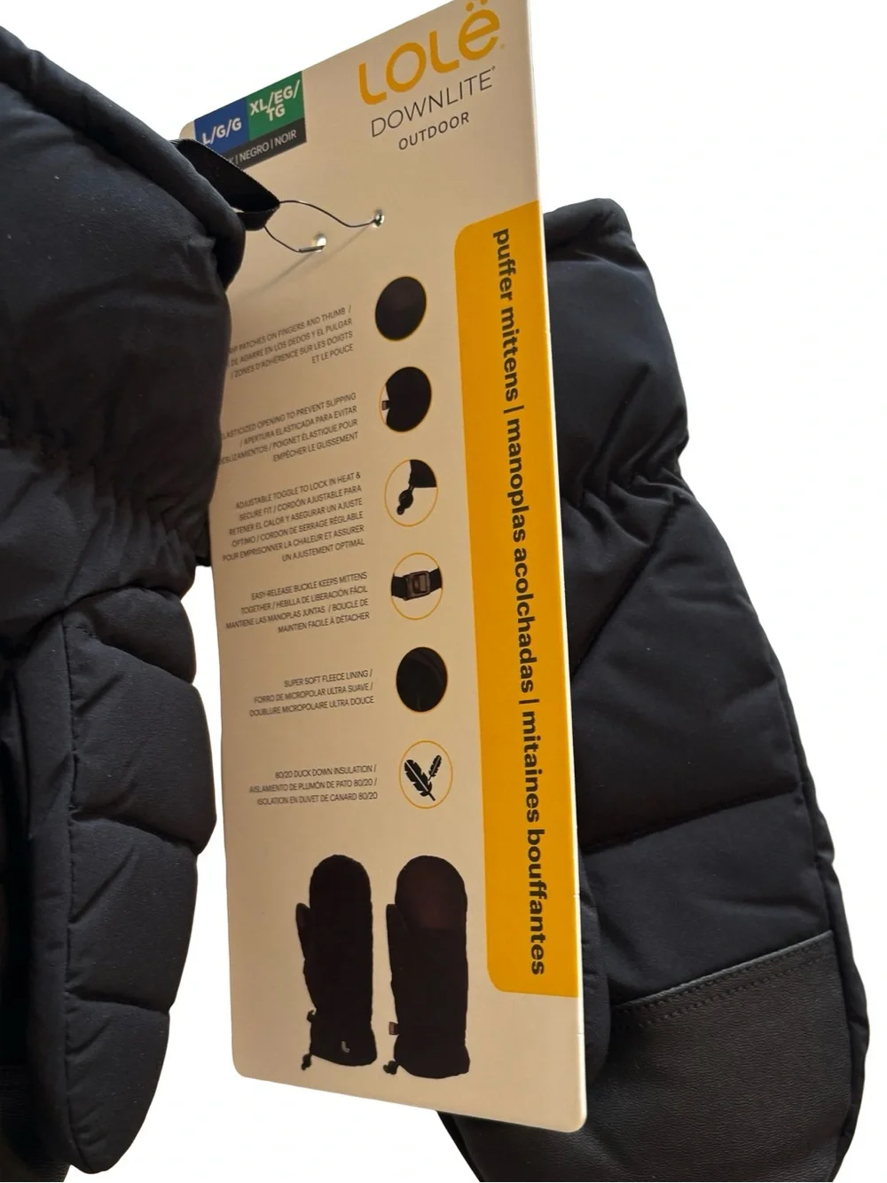 Lolë Downlite Outdoor Puffer Mittens in Black Sz L/XL NWT
